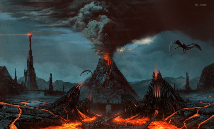 The Lord of the Rings, fantasy art, concept art, Mount Doom, Barad-dûr, lava, Nazgûl, artwork, Mordor, Sauron, The Eye of Sauron