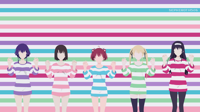 Five anime girls from Saenai Heroine no Sodatekata in striped shirts