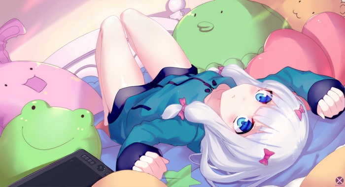 Izumi Sagiri from Eromanga-sensei lying down with plush toys