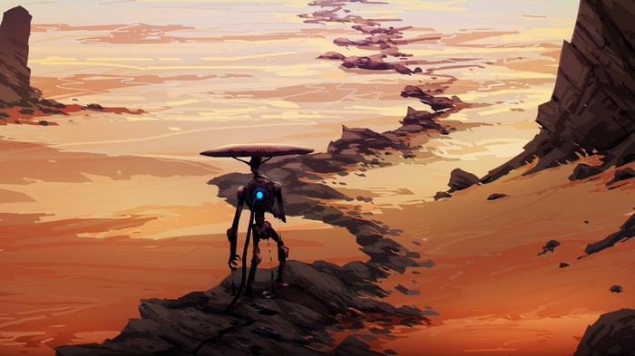 Robot walking on a rocky path in a desert landscape