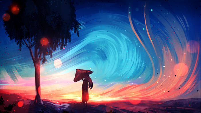 ryky, trees, landscape, fantasy art, long hair, wind, digital art