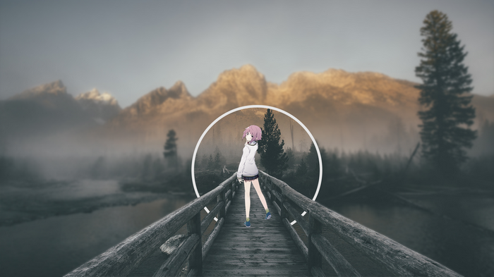 Anime girl on a bridge with mountains and fog