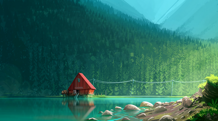 Red cabin by a lake with a forest background
