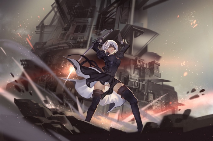 2B from Nier: Automata in a ruined city