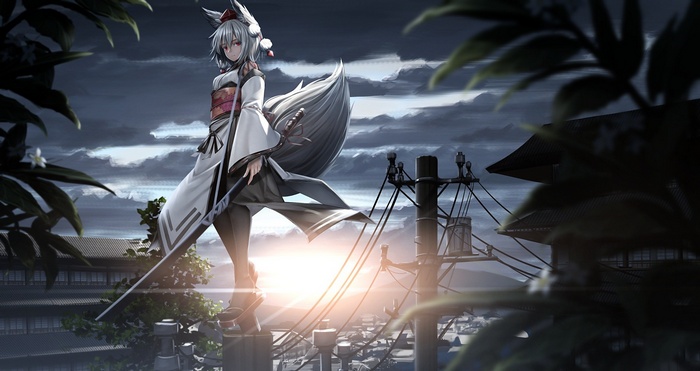 Inubashiri Momiji from Touhou with Katana and Power Lines