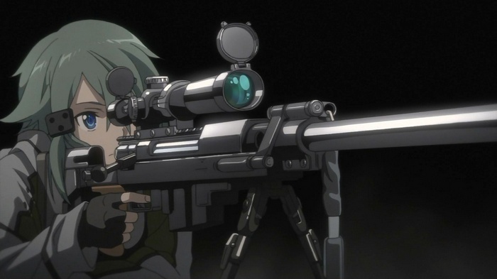 Sinon from Sword Art Online aiming a sniper rifle