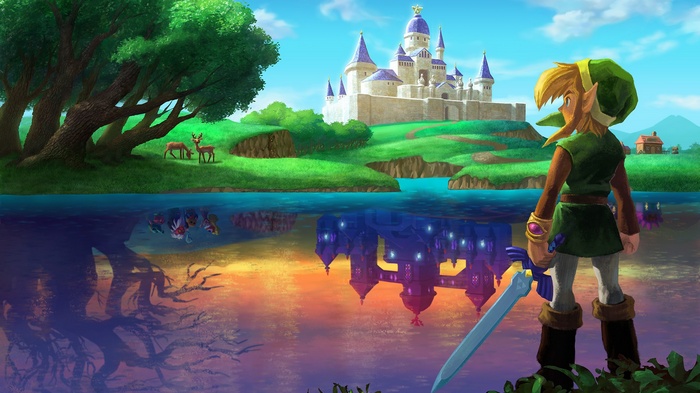Link from The Legend of Zelda with Master Sword and Hyrule Castle