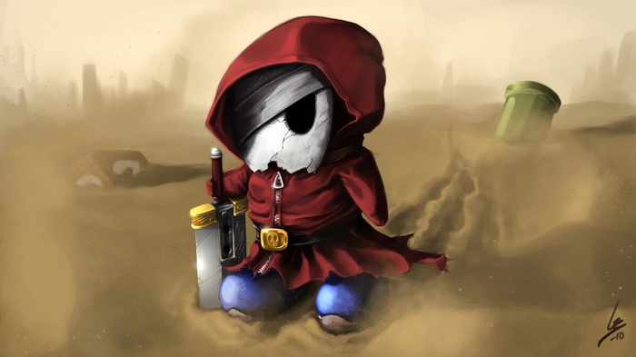 Shy Guy from Super Mario in a Desert Landscape