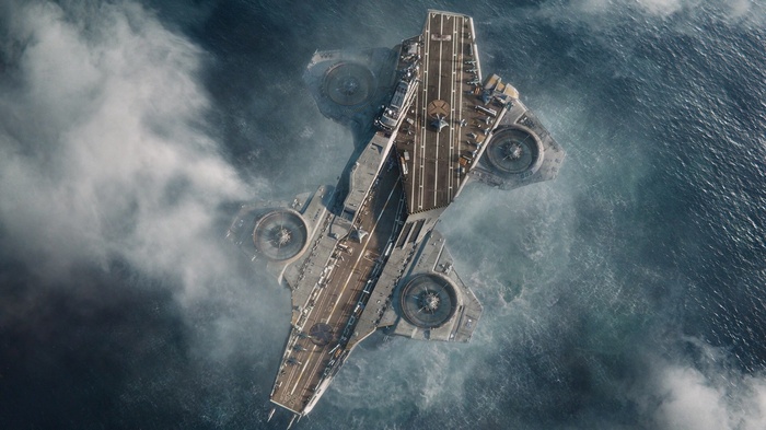 The Avengers' Helicarrier flying through clouds