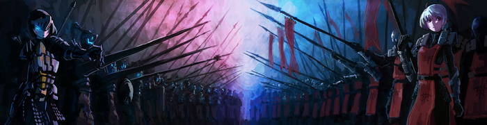 Anime soldiers with spears and armor