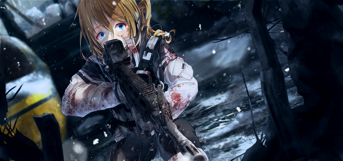 Anime girl with rifle in war zone