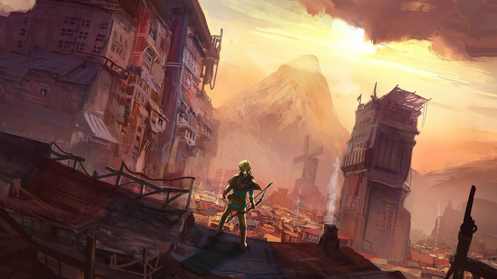 Link from The Legend of Zelda in a ruined city
