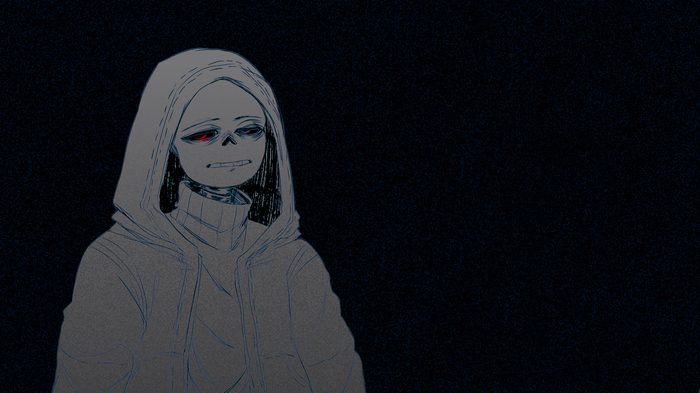 Skeleton with red eyes wearing a hood