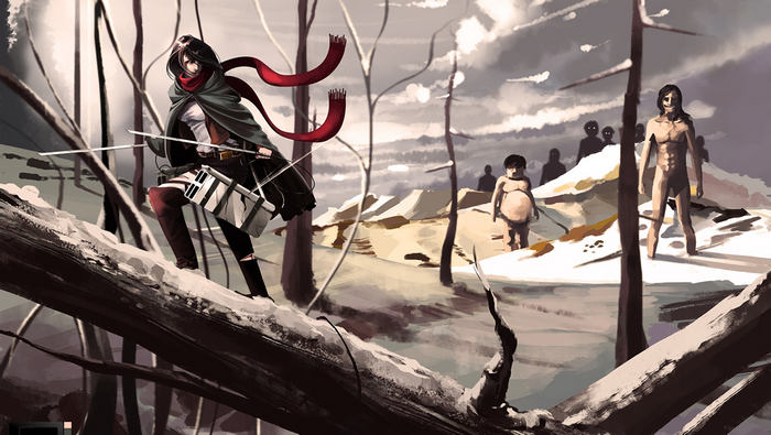 Mikasa Ackerman from Attack on Titan in a snowy forest