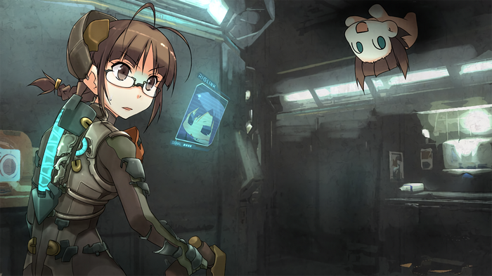 Girl with glasses and floating creature in sci-fi room