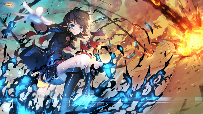 Anime girl with blue eyes and black hair in a battle