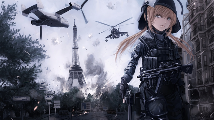 Anime girl with gun in Paris during conflict