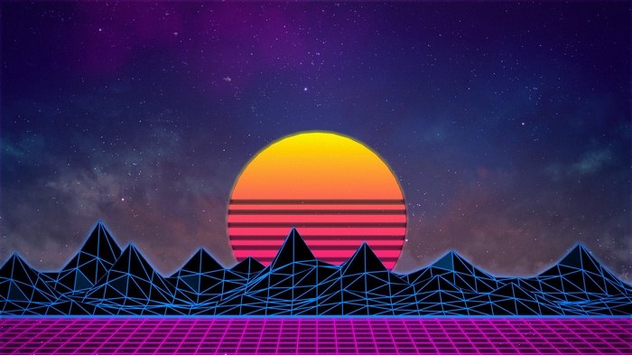 Retro sunset over wireframe mountains and grid