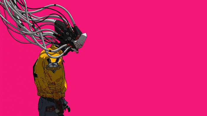 Cyberpunk character with wires and yellow jacket