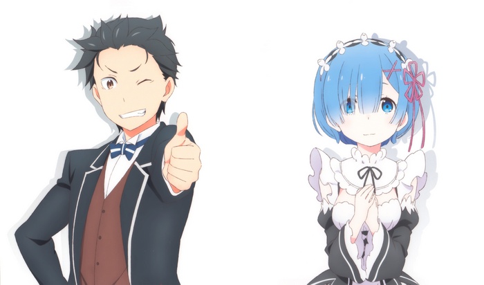 Natsuki Subaru, anime boys, Rem (Re: Zero), anime girls, Re:Zero Kara Hajimeru Isekai Seikatsu, blue eyes, simple background