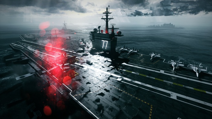 Aircraft carrier with jets in the Atlantic Ocean