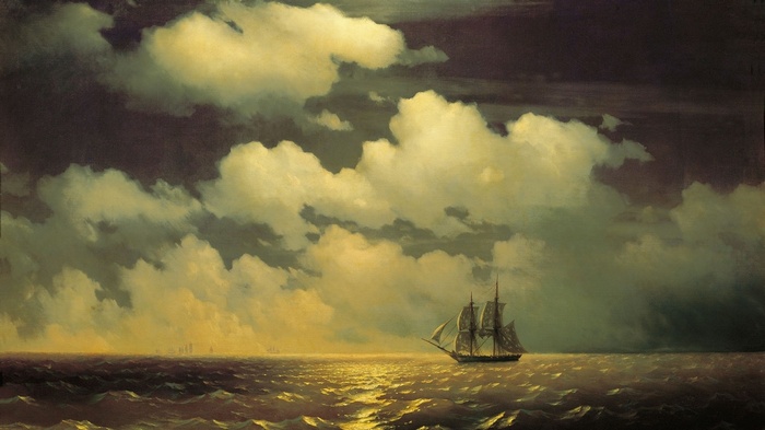 Sailing ship on the sea under dramatic clouds by Ivan Aivazovsky