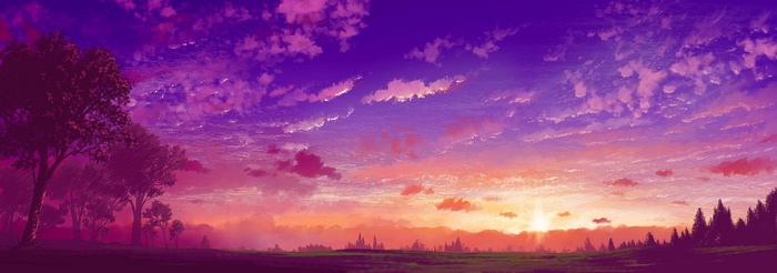Anime sunset landscape with clouds and trees