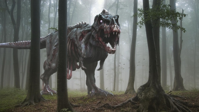 forest, zombies, dinosaurs, nature, digital art, trees, horror, fantasy art