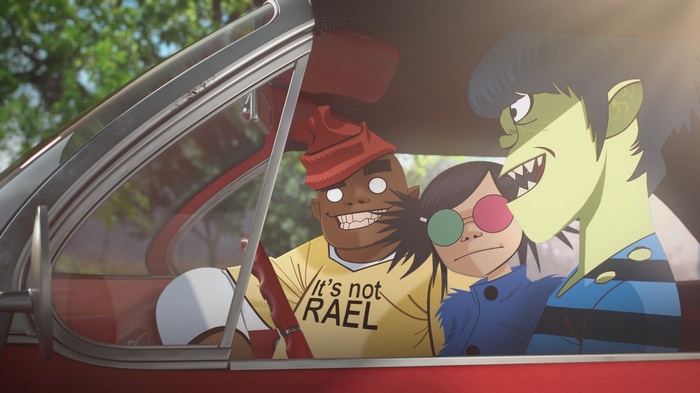 Russel Hobbs, Noodle, and Murdoc Niccals from Gorillaz in a car