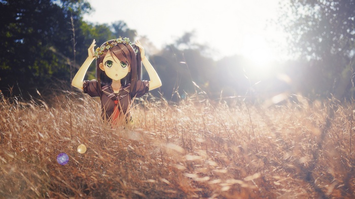 Anime girl with flower crown in tall grass