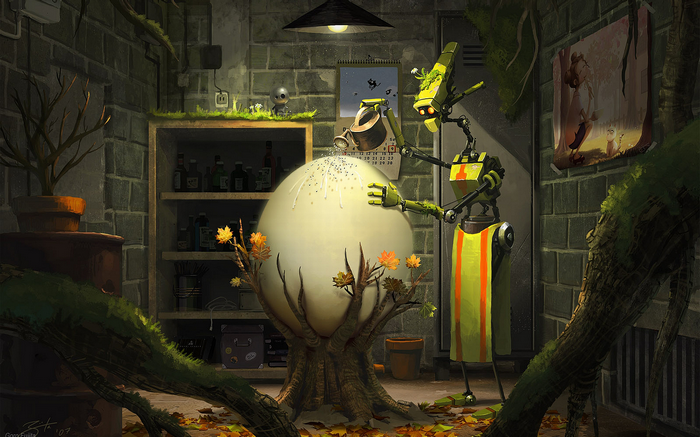 Robot watering a giant egg with plants growing on it