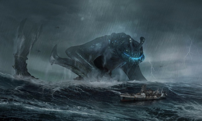 rain, sailing ship, kaiju, Pacific Rim, fantasy art, storm
