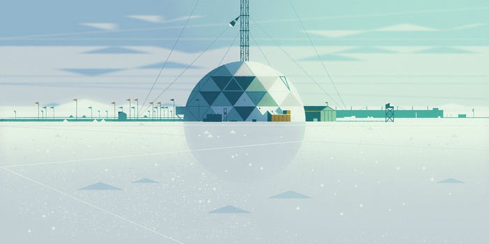 Geodesic dome research station in a snowy landscape