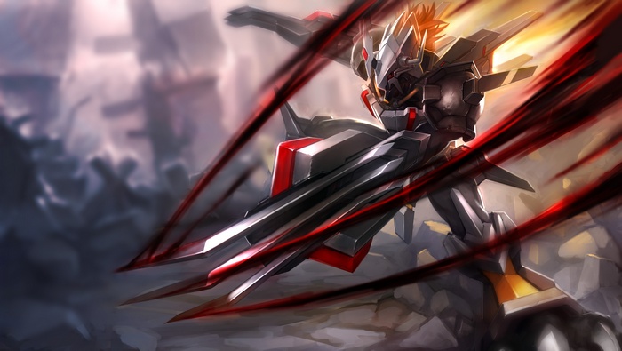 Mech with red accents in a ruined city