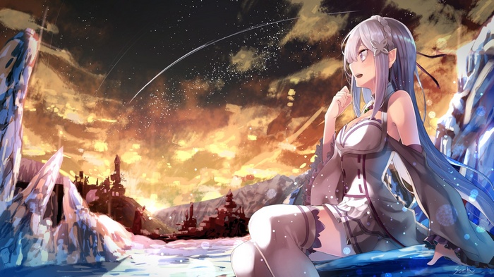 Emilia from Re:Zero in a fantasy landscape