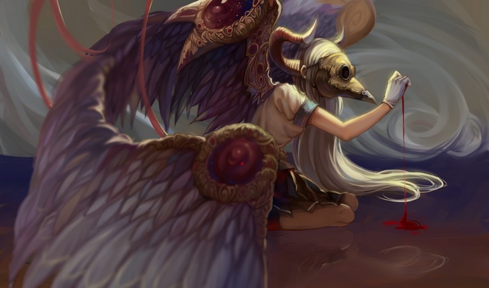Girl with bird mask and wings dripping blood