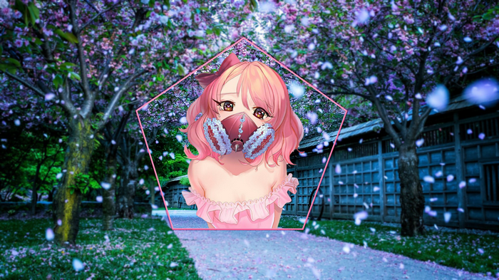 Anime girl with pink hair and mask in cherry blossom garden