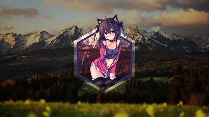 Anime girl with cat ears in a hexagonal frame over mountains