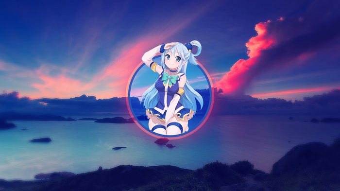 Aqua from Kono Subarashii Sekai ni Shukufuku wo! against a sunset sky