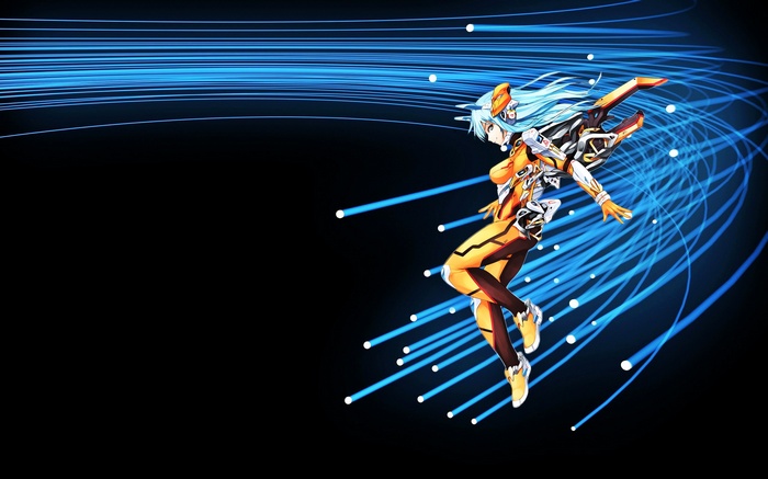 Anime girl in orange and white mecha suit with blue light trails
