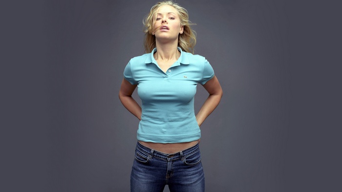 Kristanna Loken in blue polo and jeans