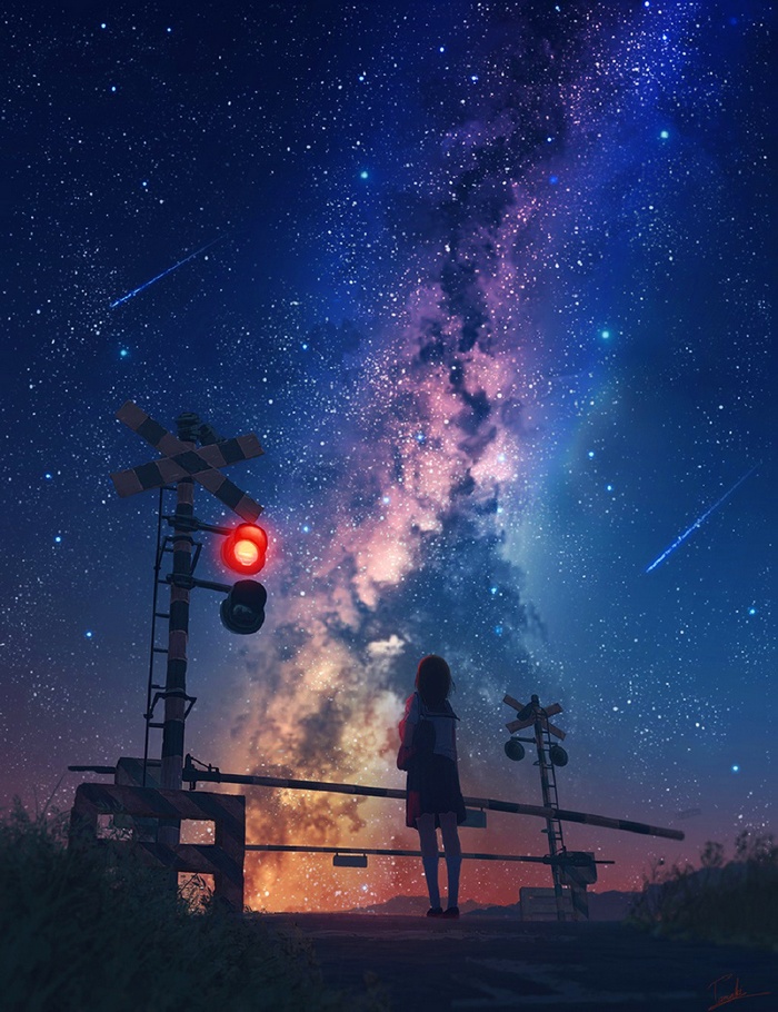 galaxy, railway crossing, shooting stars, anime, stars