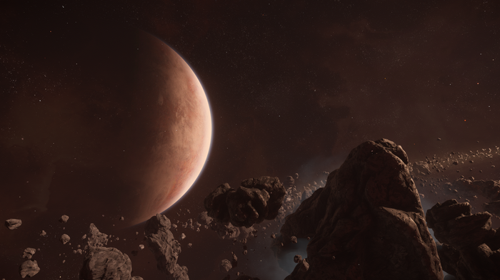 Planet and asteroid field in space