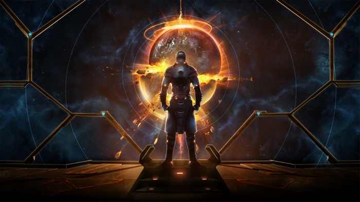 Man in futuristic armor stands before a planet in space