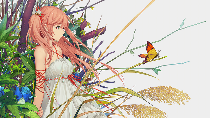 Anime girl with pink hair and butterflies in nature