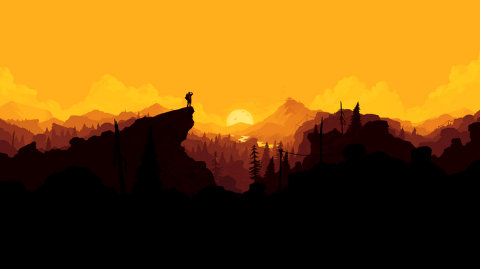Firewatch style sunset over mountains and forest