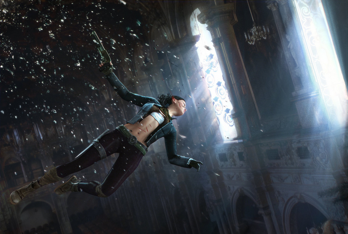 Woman falling through a broken window in a church