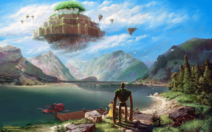 Robot and girl from Castle in the Sky overlooking a lake