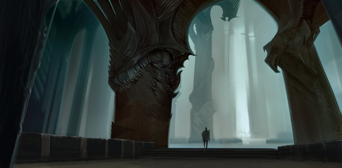 Fantasy art of a warrior in a dragon-themed palace