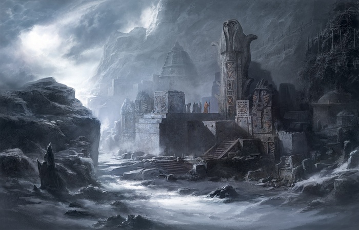 Fantasy art of a cloudy mountain city with ancient structures